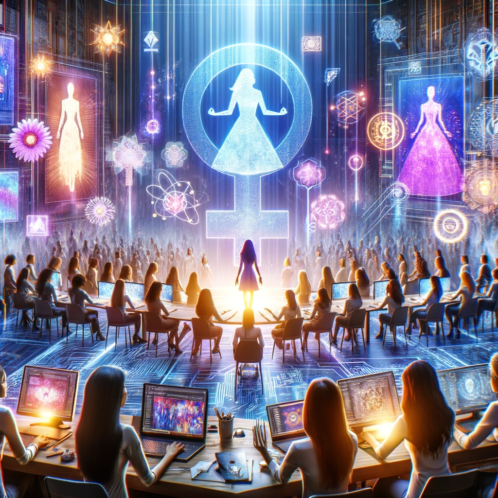 A vibrant digital artwork symbolizing women's empowerment and innovation in NFTs.